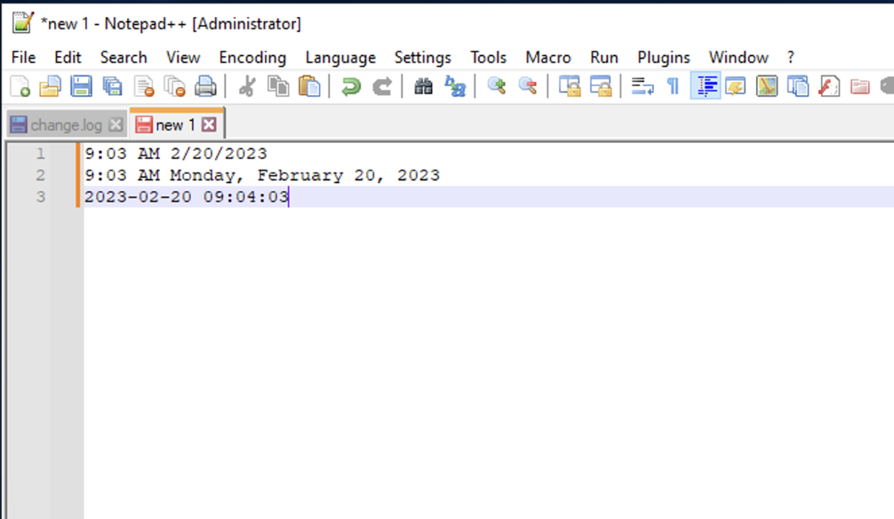 Inserted date time timestamp in Notepad++ file
